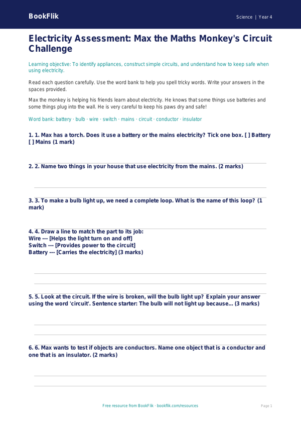 Free Electricity Assessment | Year 4 Supported | BookFlik worksheet preview — Science Electricity