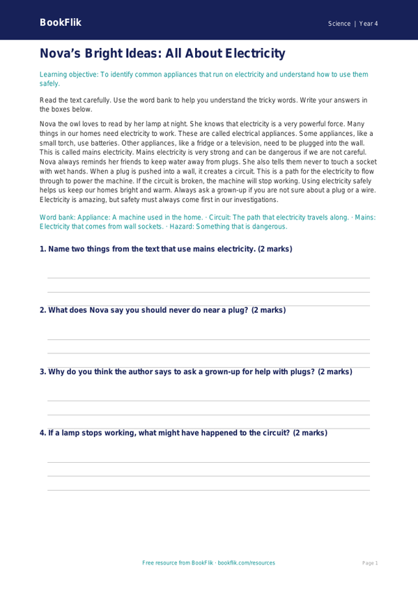 Free Electricity Comprehension | Year 4 Supported | BookFlik worksheet preview — Science Electricity