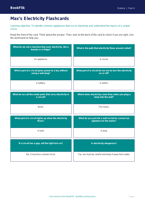 Free Electricity Flashcards | Year 4 Supported | BookFlik worksheet preview — Science Electricity