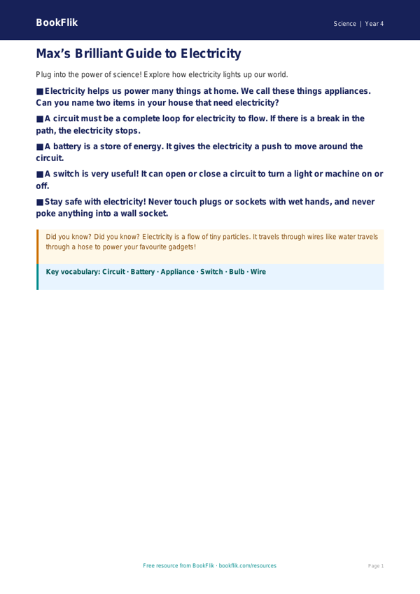 Free Electricity Poster | Year 4 Supported | BookFlik worksheet preview — Science Electricity