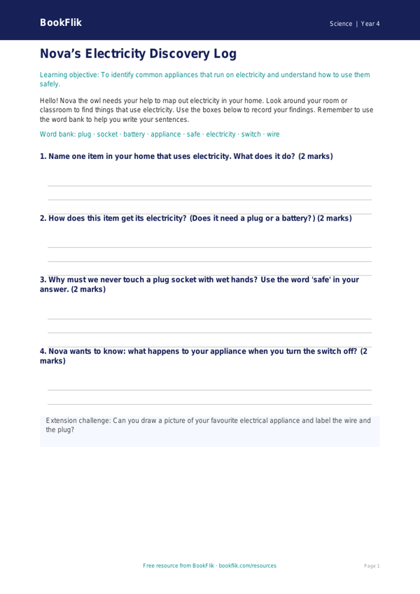 Free Electricity Worksheet | Year 4 Science Resources | BookFlik worksheet preview — Science Electricity