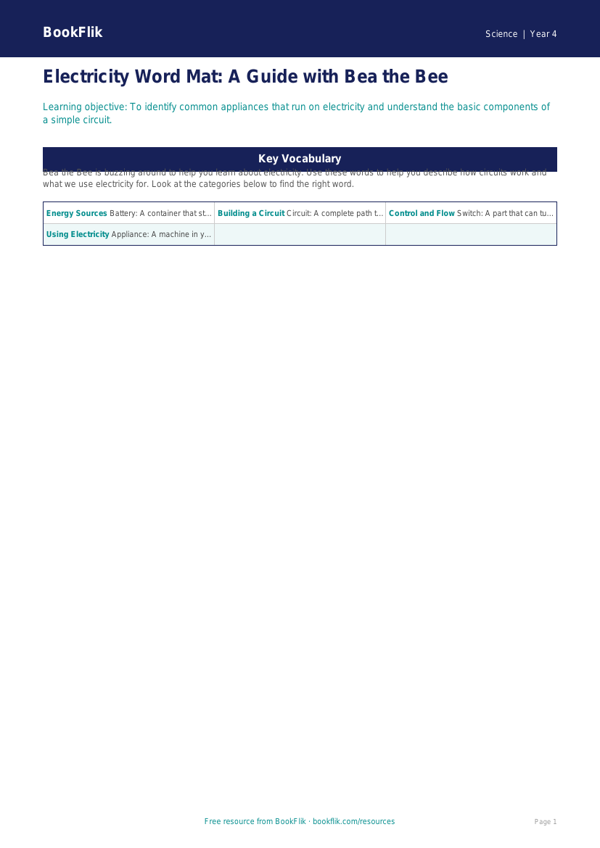 Free Electricity Word Mat | Year 4 Supported | BookFlik worksheet preview — Science Electricity