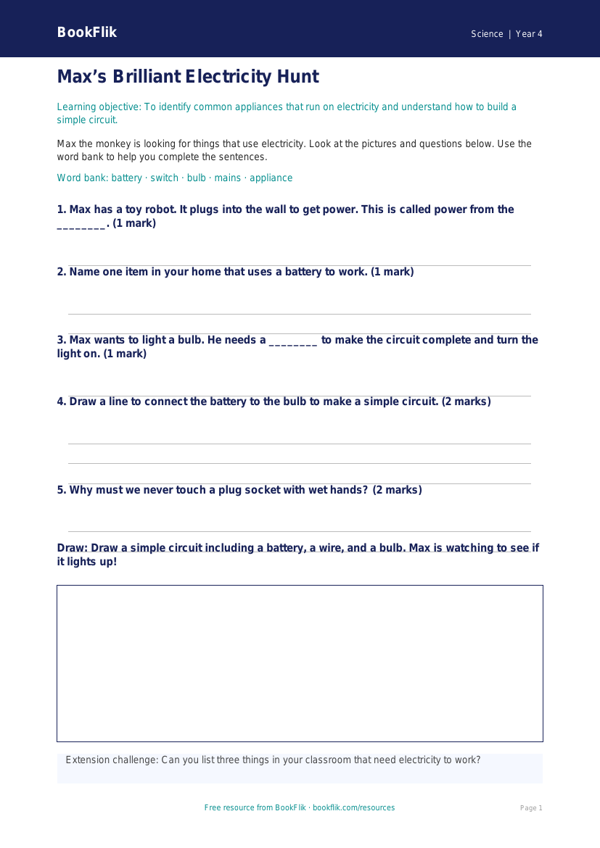 Free Electricity Worksheet | Year 4 Supported | BookFlik worksheet preview — Science Electricity