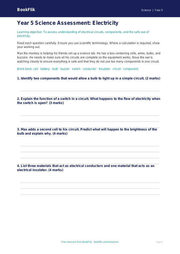 Free Electricity Assessment | Year 5 Core | BookFlik worksheet preview — Science Electricity