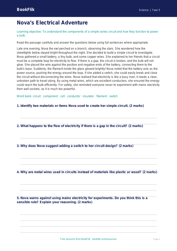 Free Electricity Comprehension | Year 5 Core | BookFlik worksheet preview — Science Electricity