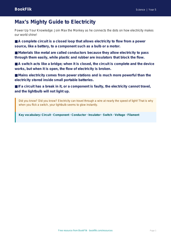 Free Electricity Poster | Year 5 Science Worksheet | BookFlik worksheet preview — Science Electricity