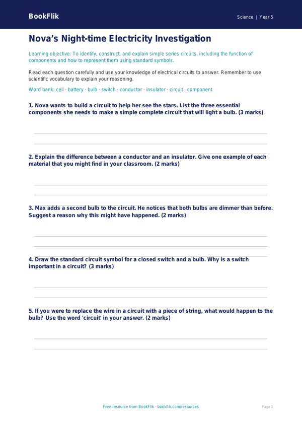 Free Electricity Worksheet | Year 5 Core | BookFlik worksheet preview — Science Electricity
