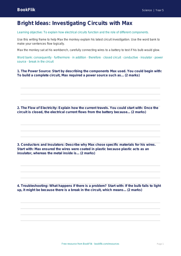 Free Electricity Writing Frame | Year 5 Core | BookFlik worksheet preview — Science Electricity