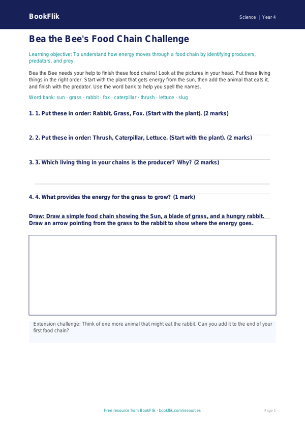 Free Food Chains Activity Sheet | Year 4 Supported | BookFlik worksheet preview — Science Food Chains