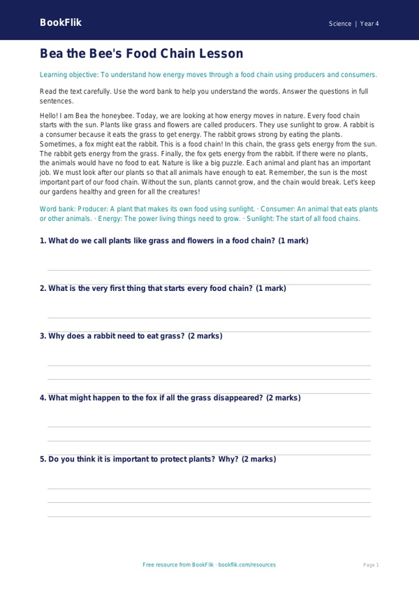 Free Food Chains Comprehension | Year 4 Supported | BookFlik worksheet preview — Science Food Chains