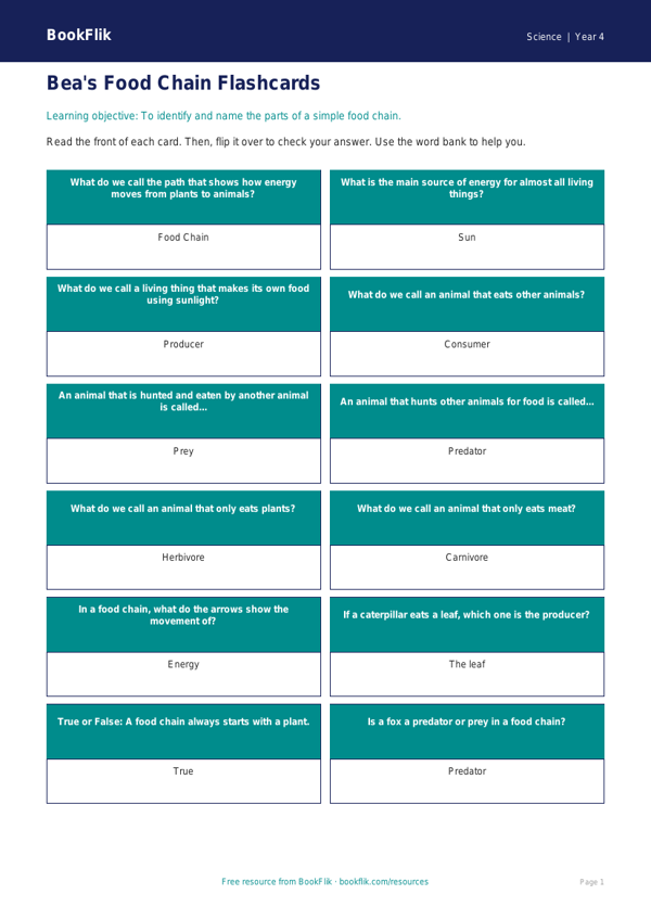 Free Food Chains Flashcards | Year 4 Supported | BookFlik worksheet preview — Science Food Chains