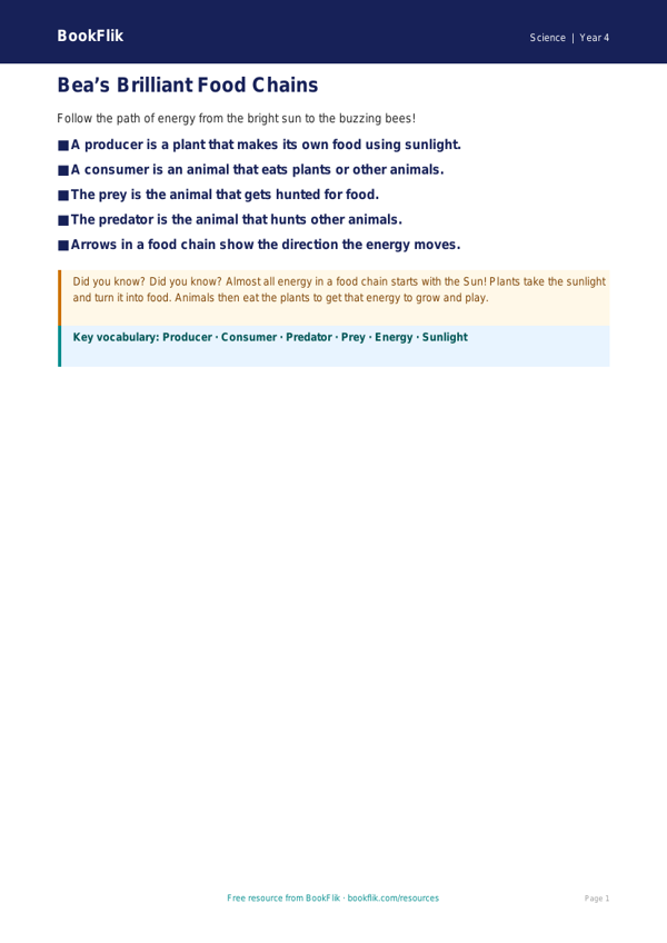 Free Food Chains Poster | Year 4 Supported | BookFlik worksheet preview — Science Food Chains