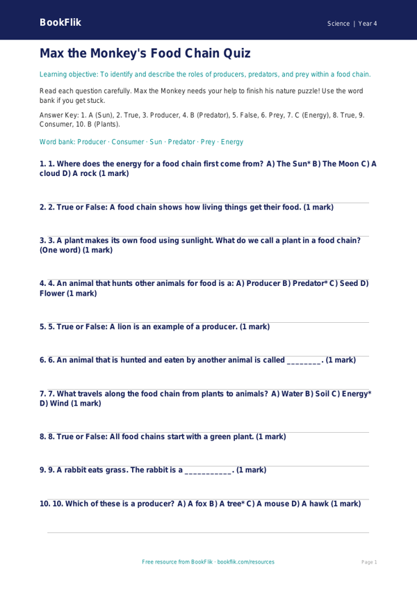 Free Food Chains Quiz | Year 4 Supported | BookFlik worksheet preview — Science Food Chains