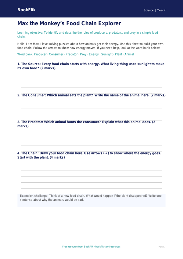 Free Food Chains Template | Year 4 Supported | BookFlik worksheet preview — Science Food Chains