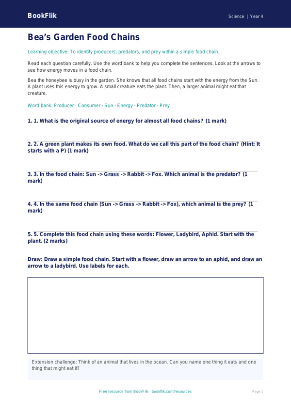 Free Food Chains Worksheet | Year 4 Supported | BookFlik worksheet preview — Science Food Chains