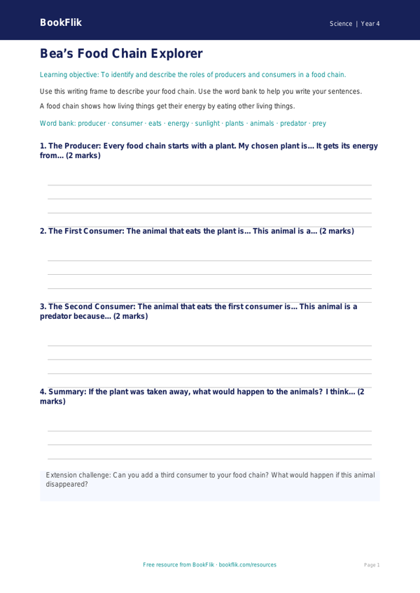 Free Food Chains Writing Frame | Year 4 Supported | BookFlik worksheet preview — Science Food Chains