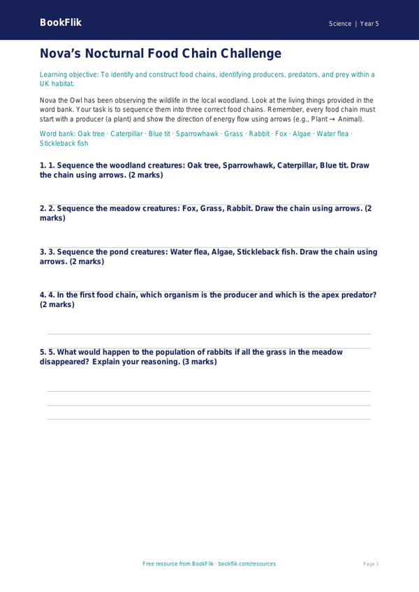 Free Food Chains Activity Sheet | Year 5 Core | BookFlik worksheet preview — Science Food Chains
