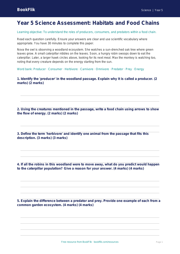 Free Food Chains Assessment | Year 5 Core | BookFlik worksheet preview — Science Food Chains