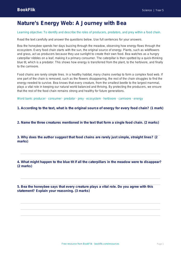 Free Food Chains Comprehension | Year 5 Core | BookFlik worksheet preview — Science Food Chains