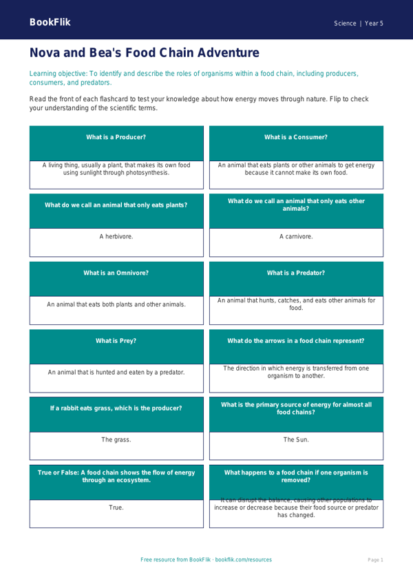 Free Food Chains Flashcards | Year 5 Core | BookFlik worksheet preview — Science Food Chains