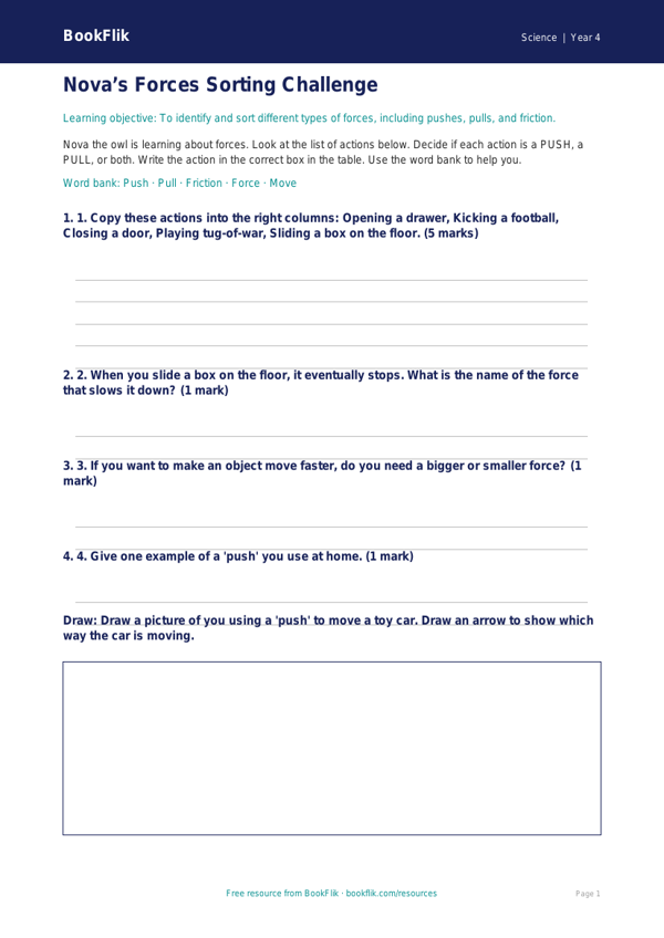 Free Forces Activity Sheet | Year 4 Supported | BookFlik worksheet preview — Science Forces
