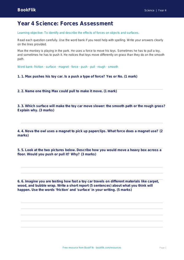 Free Forces Assessment | Year 4 Supported | BookFlik worksheet preview — Science Forces