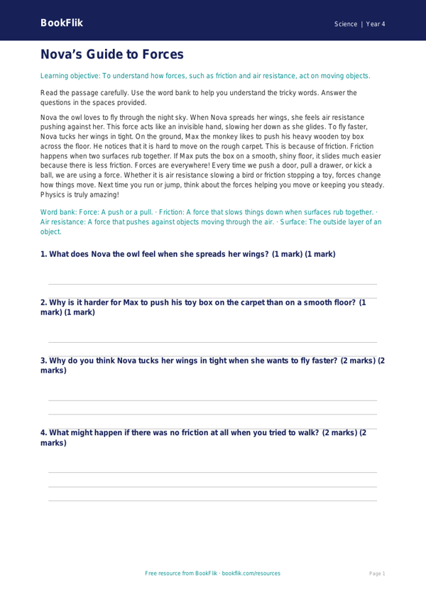Free Forces Comprehension Worksheet | Year 4 Science | BookFlik worksheet preview — Science Forces