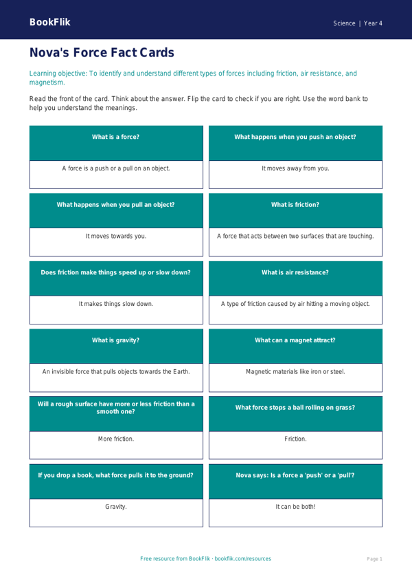 Free Forces Flashcards | Year 4 Science Resources | BookFlik worksheet preview — Science Forces