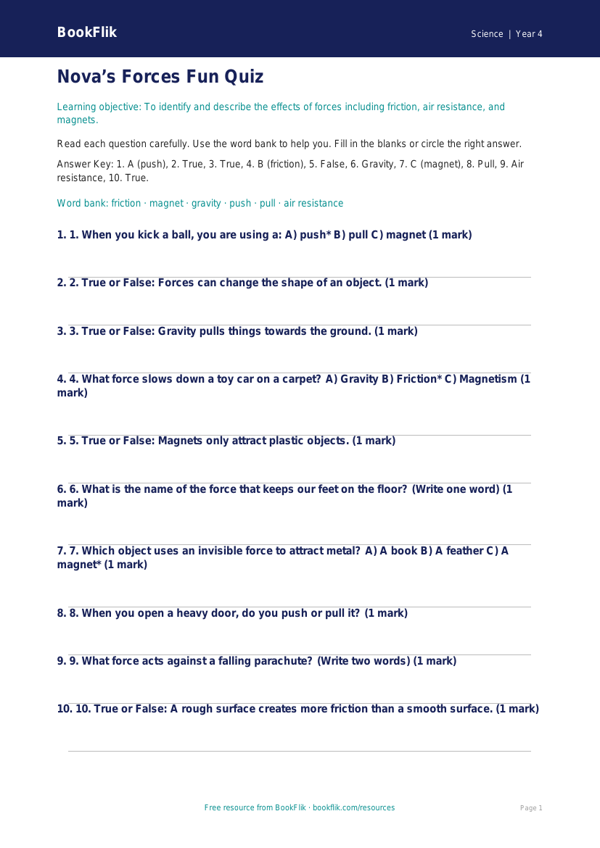Free Forces Quiz | Year 4 Science Worksheet | BookFlik worksheet preview — Science Forces