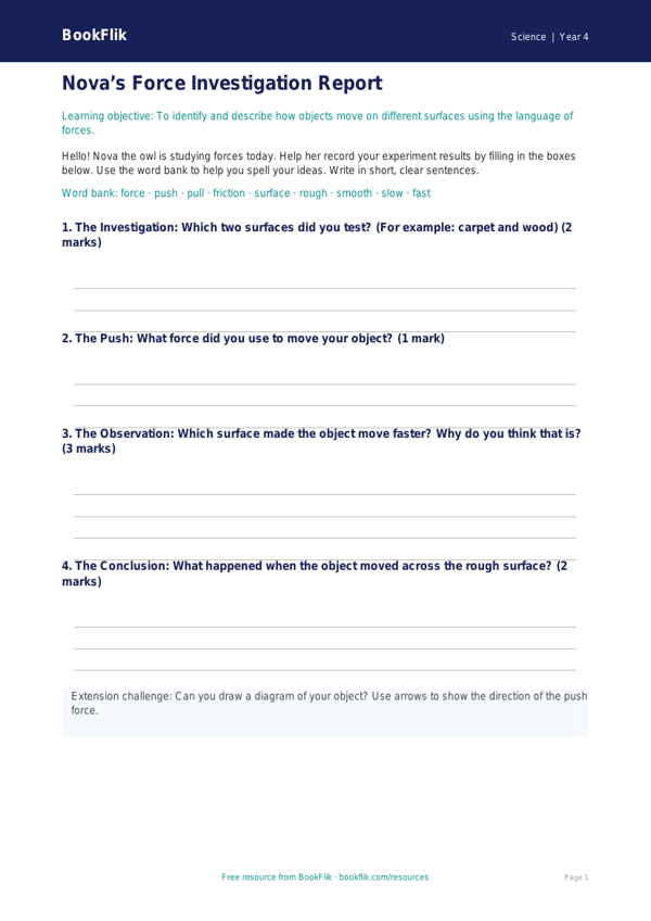 Free Forces Worksheet | Year 4 Science Resources | BookFlik worksheet preview — Science Forces