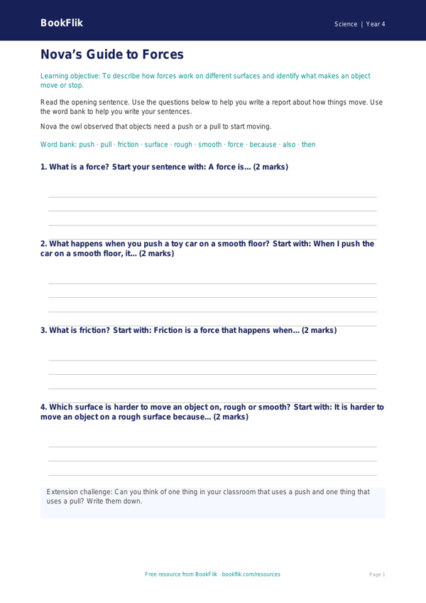 Free Forces Writing Frame | Year 4 Supported | BookFlik worksheet preview — Science Forces