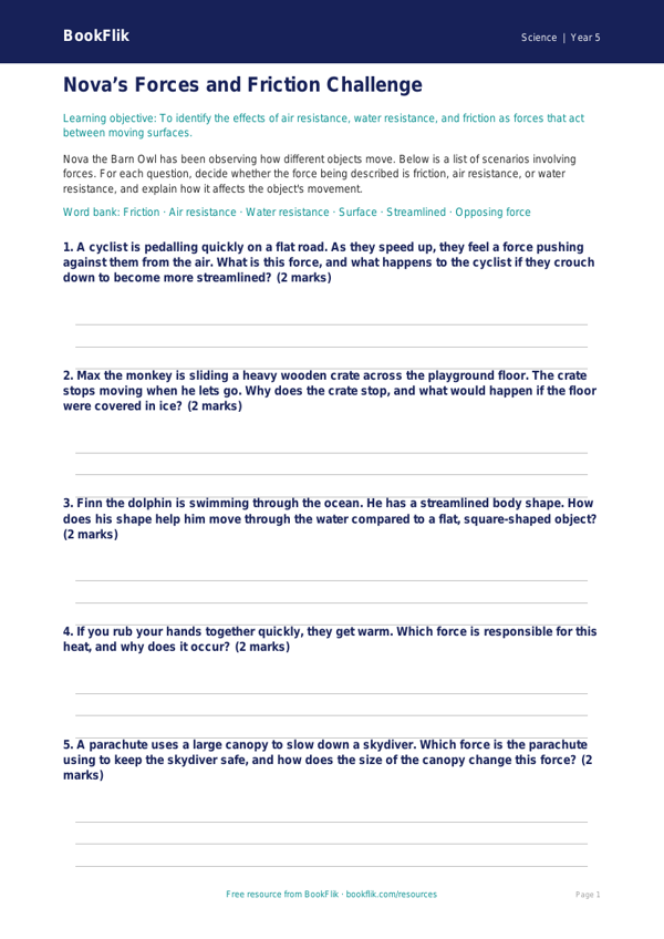 Free Forces Activity Sheet | Year 5 Science | BookFlik worksheet preview — Science Forces
