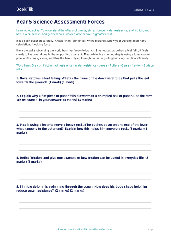 Free Forces Assessment | Year 5 Core | BookFlik worksheet preview — Science Forces