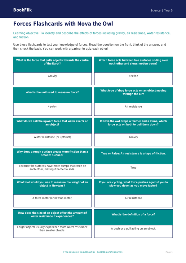 Free Forces Flashcards | Year 5 Science Worksheet | BookFlik worksheet preview — Science Forces