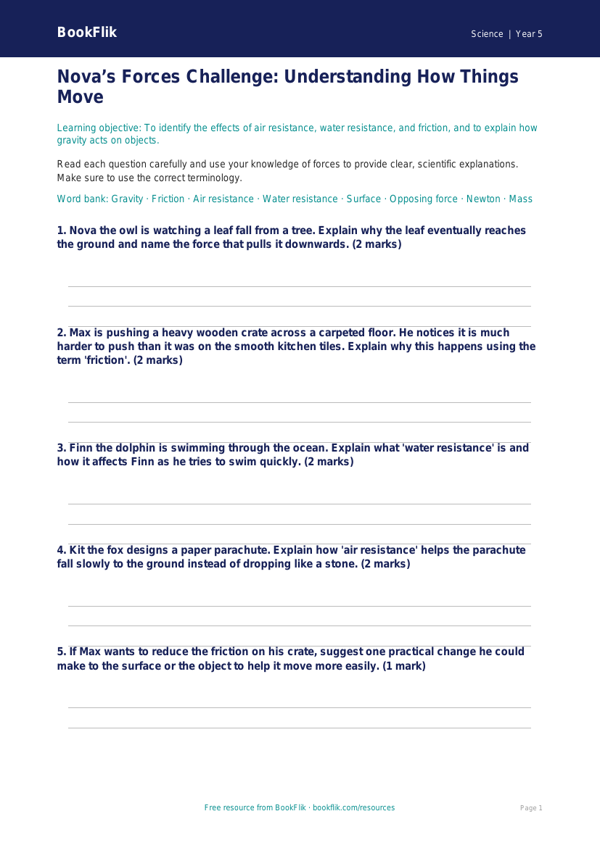 Free Forces Worksheet | Year 5 Core | BookFlik worksheet preview — Science Forces