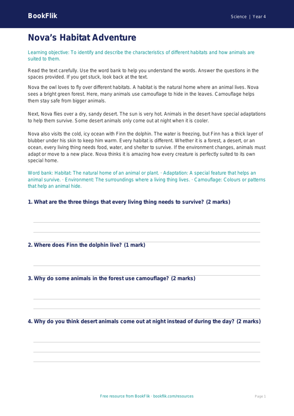 Free Habitats Comprehension | Year 4 Supported | BookFlik worksheet preview — Science Habitats