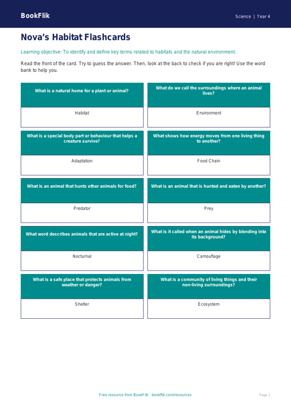 Free Habitats Flashcards | Year 4 Supported | BookFlik worksheet preview — Science Habitats