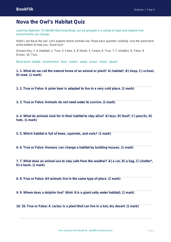 Free Habitats Quiz | Year 4 Supported | BookFlik worksheet preview — Science Habitats