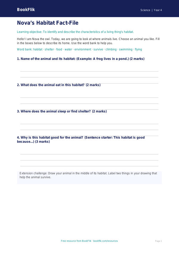 Free Habitats Template | Year 4 Supported | BookFlik worksheet preview — Science Habitats