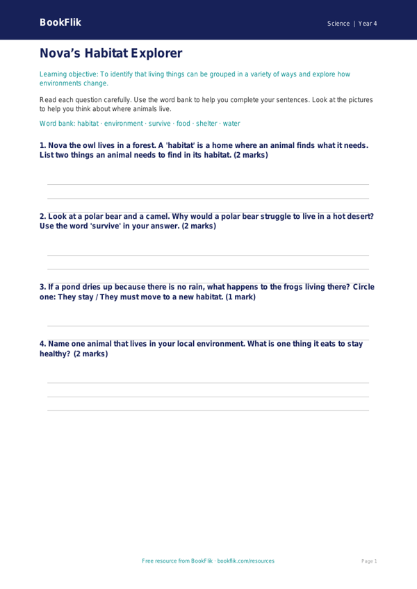 Free Habitats Worksheet | Year 4 Science Activity | BookFlik worksheet preview — Science Habitats