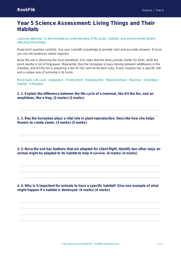 Free Habitats Assessment | Year 5 Core | BookFlik worksheet preview — Science Habitats