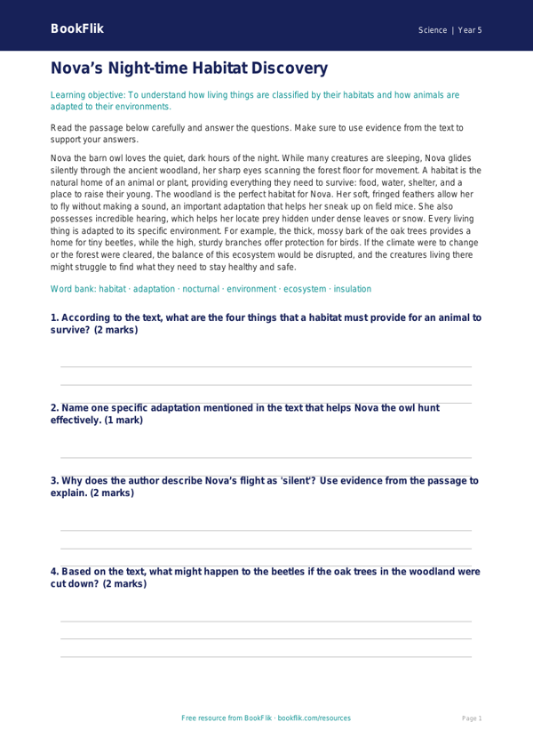 Free Habitats Comprehension | Year 5 Core | BookFlik worksheet preview — Science Habitats