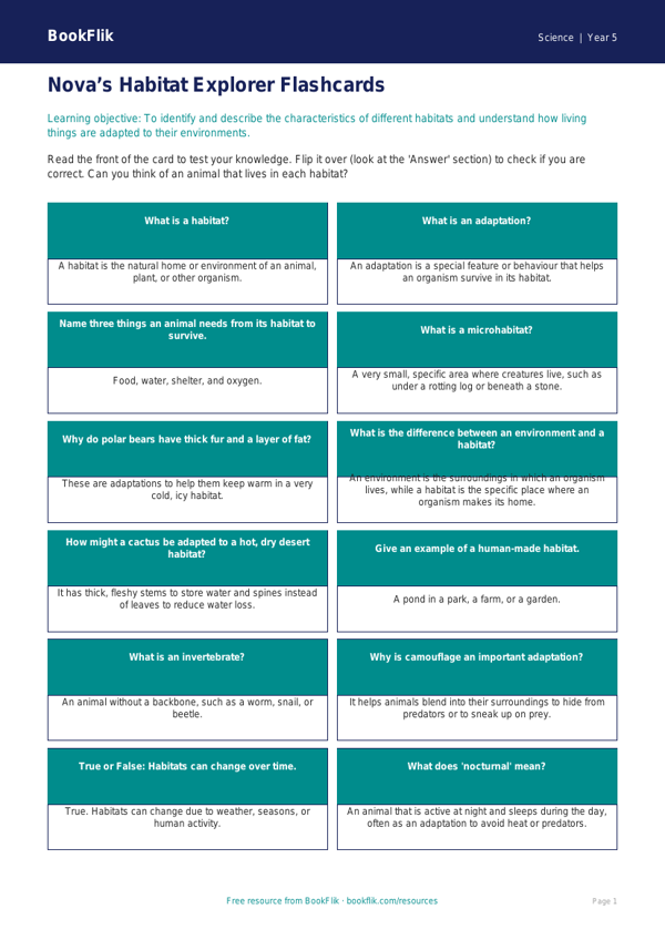 Free Habitats Flashcards | Year 5 Core | BookFlik worksheet preview — Science Habitats