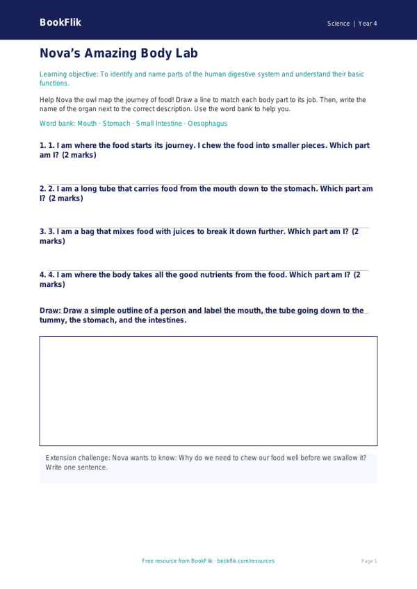 Free Human Body Activity Sheet | Year 4 Supported | BookFlik worksheet preview — Science Human Body