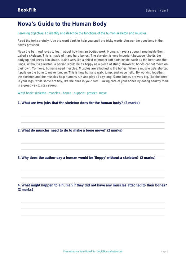 Free Human Body Comprehension | Year 4 Supported | BookFlik worksheet preview — Science Human Body