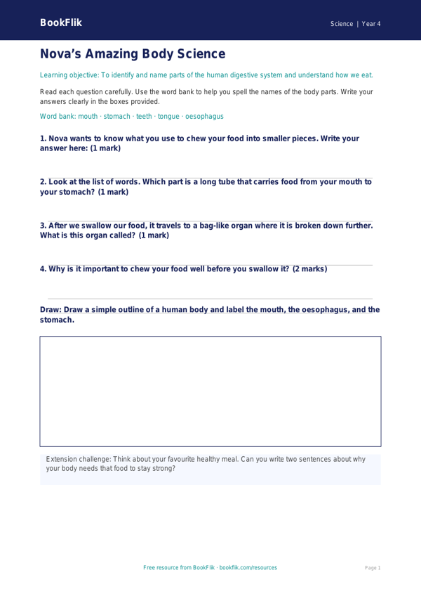 Free Human Body Worksheet | Year 4 Supported | BookFlik worksheet preview — Science Human Body