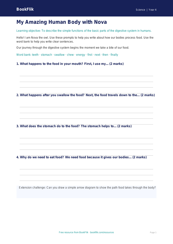 Free Human Body Writing Frame | Year 4 Supported | BookFlik worksheet preview — Science Human Body