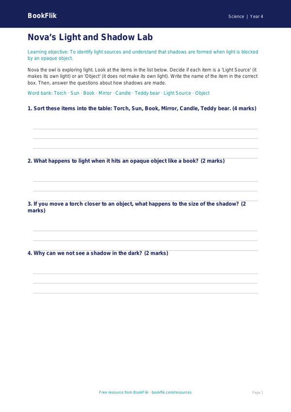 Free Light Activity Sheet | Year 4 Supported | BookFlik worksheet preview — Science Light