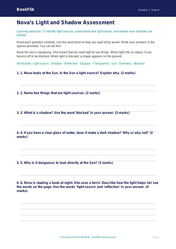 Free Light Assessment | Year 4 Supported | BookFlik worksheet preview — Science Light