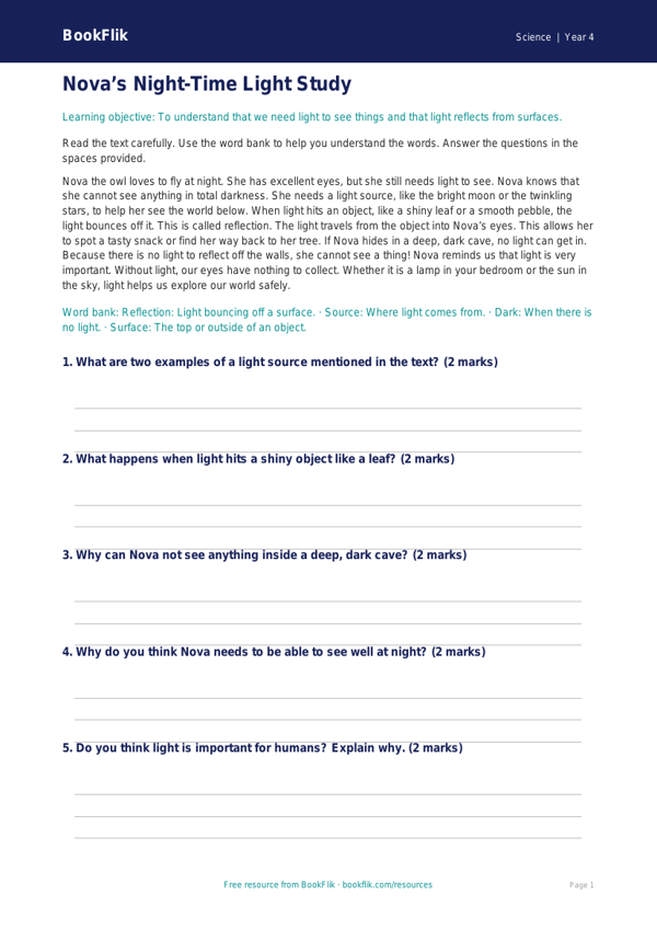 Free Light Comprehension | Year 4 Supported | BookFlik worksheet preview — Science Light